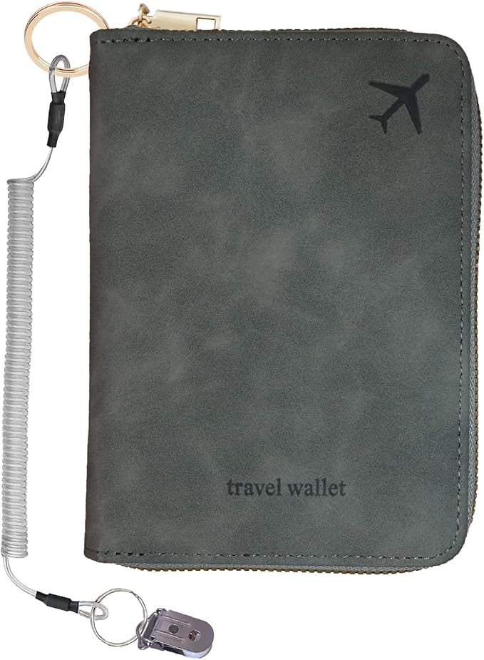 Passport Holder with Tether and Clip to Prevent Loss and Theft, Rfid Passport Holder for Travel, Passport Cover Wallet, Passport Case for Men and Women (Gray - Tether and Clip)