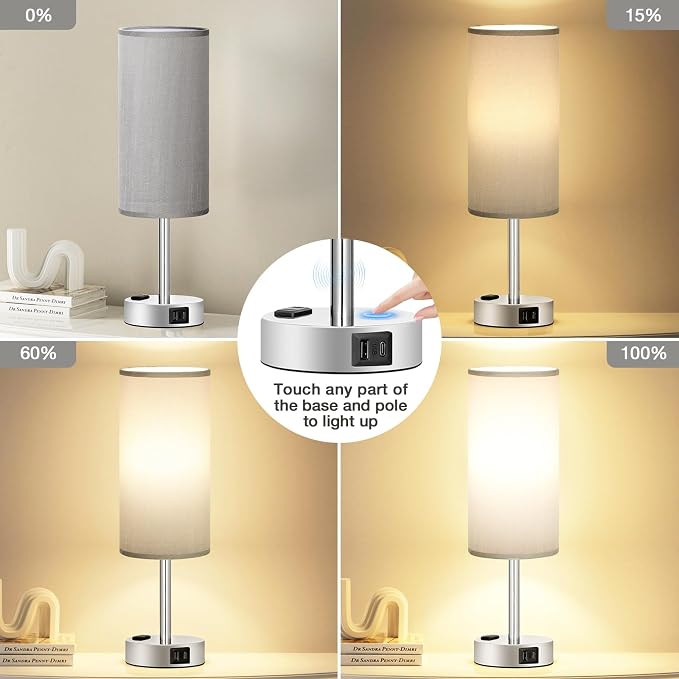 Grey Nightstand Table Lamp for Bedroom - 3 Way Dimmable Bedside Lamp USB C A Charging Ports and AC Outlet, Small Table Lamp Silver Base for Living Room, Office Desk, LED Bulb Included