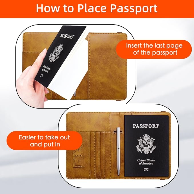 WALNEW Passport Holder for Travel, RFID Passport Wallet, Travel Essentials | PU Leather Passport Cover Case with Pen Holder, Travel Must Haves Accessories, Passport Book Holder for Women Men