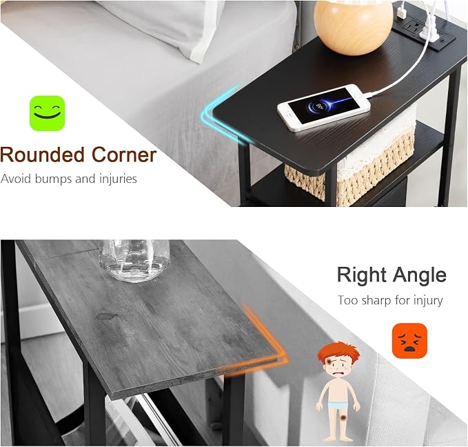 Narrow End Table with Charging Station, Small Nightstand | Skinny Side Tables Living Room with 2 Fabric Drawers, Slim Bedside Table for Bedroom, Small Spaces, Couch, Black