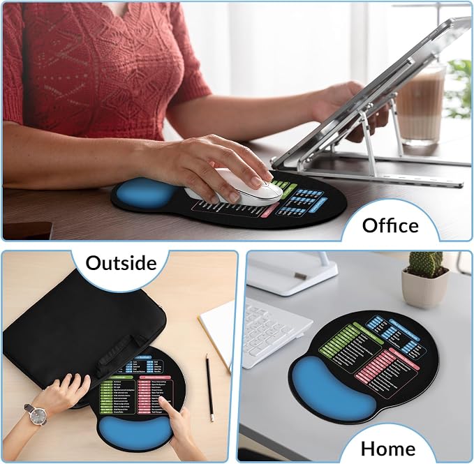 KONVINIT Ergonomic Mouse Pad with Wrist Rest, Small Excel Cheat Sheet Desk Pad with Windows & Office & Excel Shortcuts, Non-Slip Rubber Base Mouse Pads for Desk with Smooth Surface, Black Blue