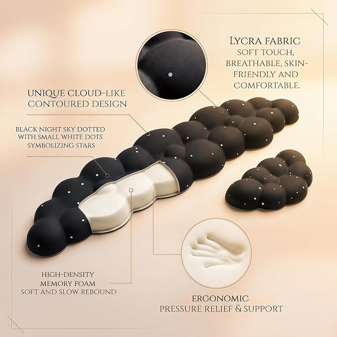 Silky Cloud Wrist Rest Set for Keyboard & Mouse, 16.9", Black Star | Memory Foam Arm Rest with Ergonomic Support Fits Full Keyboards and Reduces Typing Fatigue for Office, Gaming and Home Use