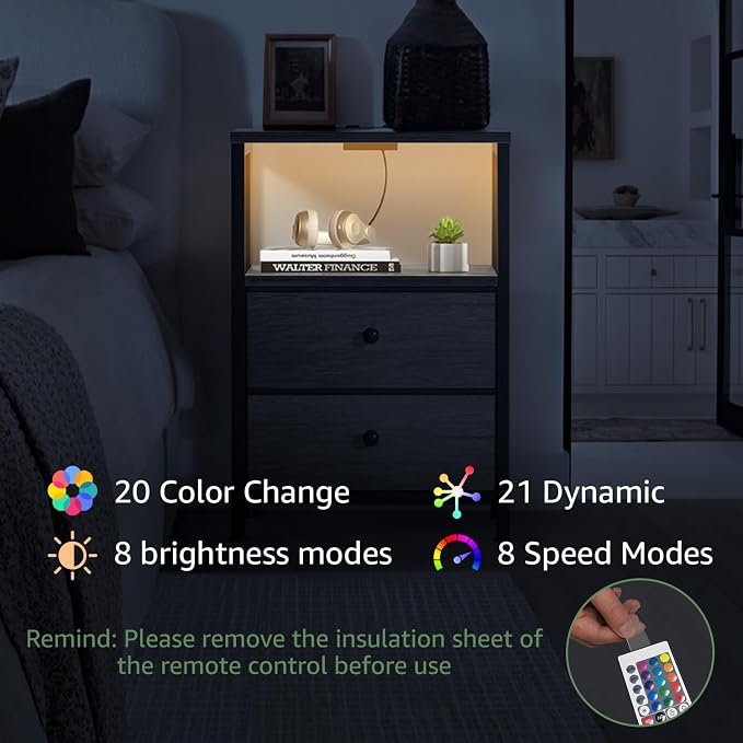 BOLUO Grey Nightstands Set of 2, Bedroom Night Stand Set Two Nightstand with Charging Station and LED Light, Bedside Table with 2 Fabric Drawers Grey