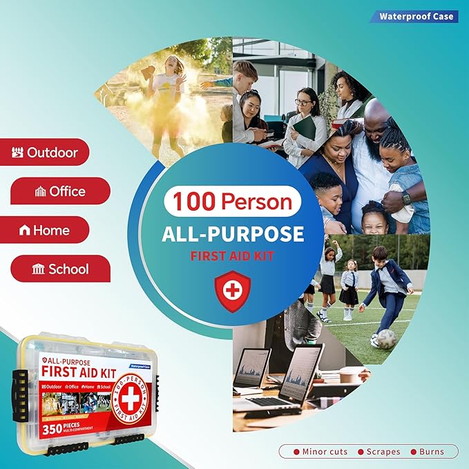 350-Piece All-Purpose 100-Person Emergency First Aid Kit – Waterproof Plastic Case | Clearly Organized for Fast Retrieval | Perfect for Home, Business, Workplace, Boat, Travel, Outdoor & Car