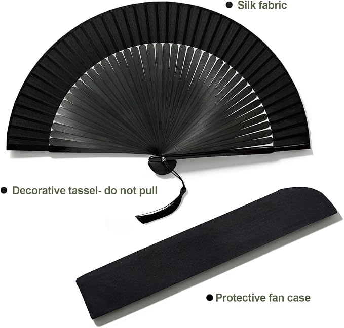 EOSAU Bamboo Hand Fan Foldable 8.3 Inch, Portable Folding Fan with Pouch for Church Wedding Makeup, Small Decorative Cooling Fan for Women (Black/Solid)