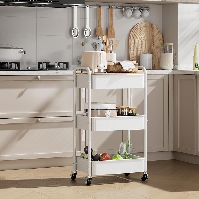 3-Tier Rolling Cart with Table Top, Metal Utility Cart on Wheels | Sturdy Storage Organizer Cart with Lockable Wheels&Hooks for Craft, Office, Classroom, Kitchen and Bathroom, WHite