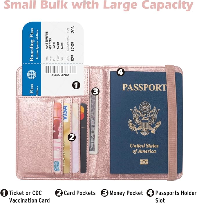 Coowayze US Passport Holder Wallet for Travel Men Women RFID Blocking Passport Cover Case, Waterproof Pink Leather Passport Book Protector with Vaccine Card Slot Travel Document Organizer