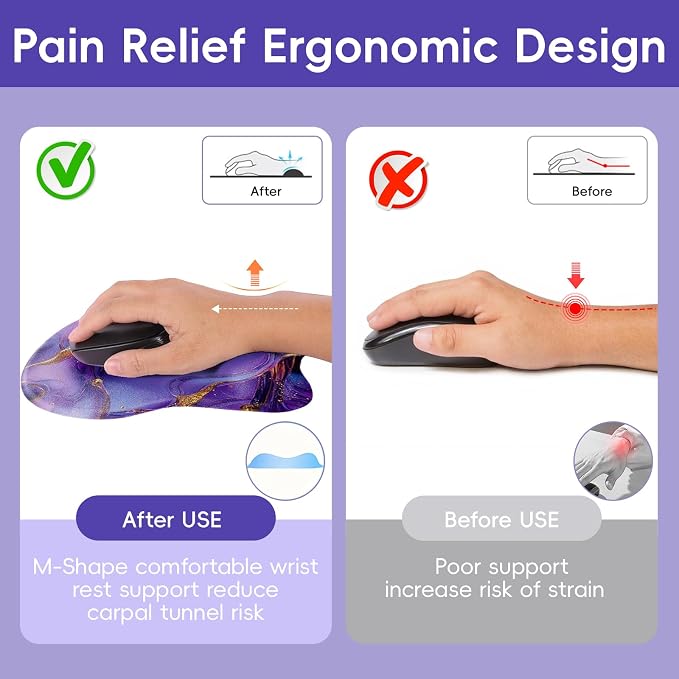 Upgrade Ergonomic Mouse Pad,Non Slip Mousepad Wrist Rest Support for Office, Computer, Laptop & Mac(B-Art Purple Marble)