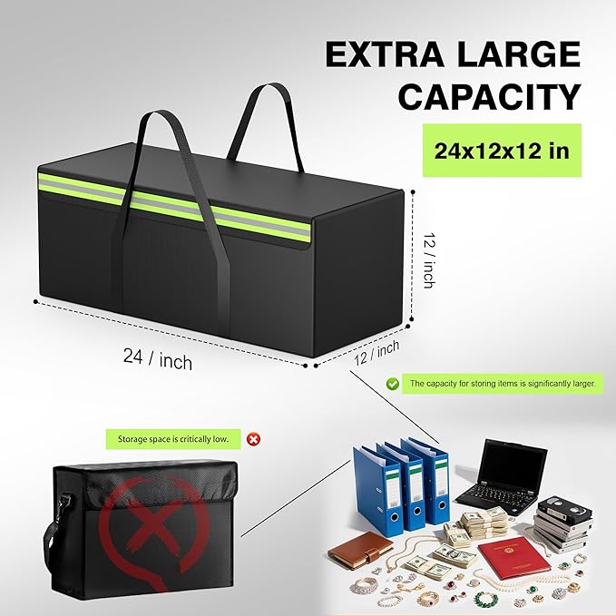 Large Fireproof Document Bags 24x12x12” Waterproof Storage Bag & Fireproof Folder Safe Box for Cash, Photo Albums, Valuables, Extra Large Fireproof Storage Bag with Silicone Coating & Zipper Closure
