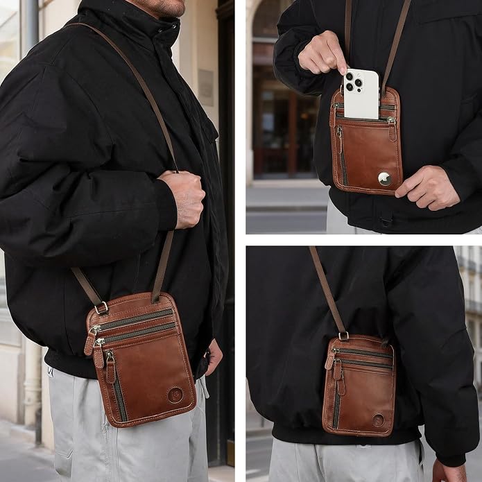 Polare Full Grain Leather Neck Wallet RFID Blocking Conceal Passport Holder Travel Pouch with AirTag Slot for Men
