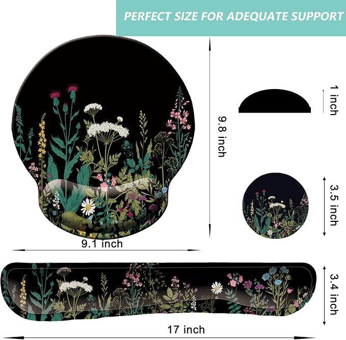 Keyboard Wrist Rest Pad Mouse Pad with Wrist Support Set of 3, Mousepad with Non-Slip Rubber Base, Ergonomic Memory Foam Mouse Wrist Cushion Support for Home Office Laptop Computer, Flowers Grass