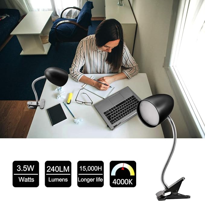 E ENERGETIC LIGHTING Clip on Light for Bed, Non-Dimmable Clip on Reading Light for Bed, 4000K Cool White, 3.5W 240 LM Desk lamp with clamp, Eye Protection, ETL Listed, Black
