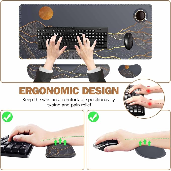ToLuLu Extended Gaming Mouse Pad, Ergonomic Keyboard Mouse Wrist Rest Set | Large Desk Mat with Stitched Edges, Non-Slip Base Memory Foam Support Mousepad for Home Office and Game, Golden Mountain