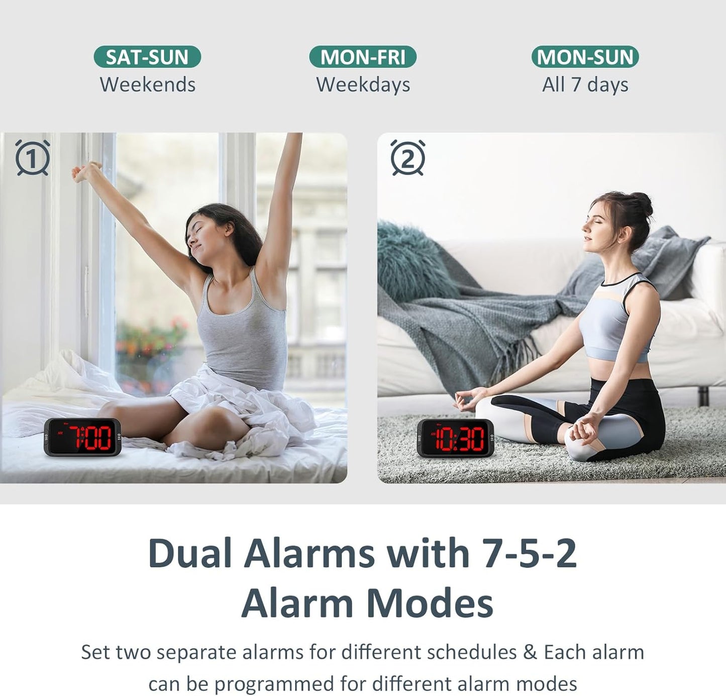 Digital Dual Alarm Clock for Bedroom, Easy to Set, 0-100% Dimmer, USB Charger, 5 Sounds Adjustable Volume, Weekday/Weekend Mode, Snooze, 12/24Hr, Battery Backup, Compact Clock for Bedside(Red)