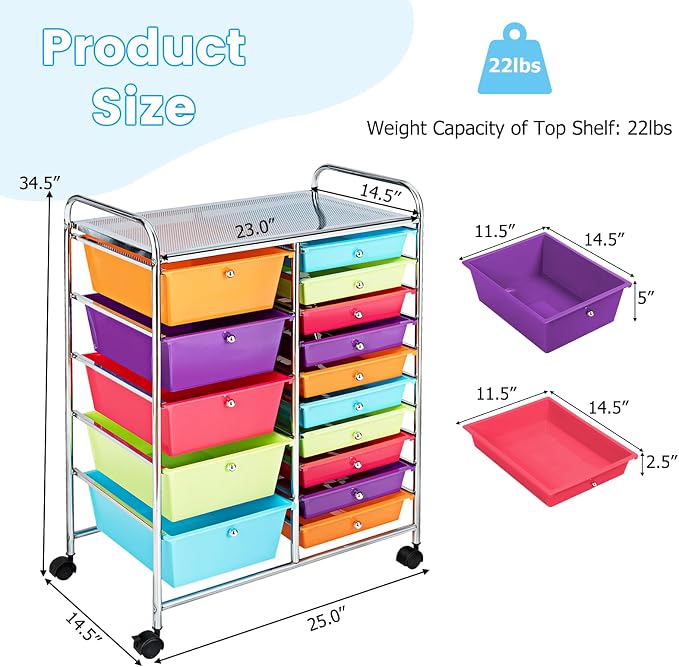 GLACER 15 Drawers Rolling Storage Cart, Steel Frame Craft Organizer Cart | Utility Cart w/Lockable Wheels & Handle, Mobile Art & Tool Supply Trolley for Teacher, Home, School, Office (Multicolor)