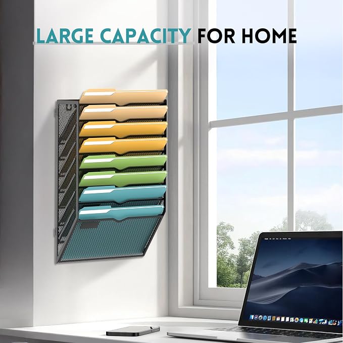 8 Tier Wall File Organizer, Hanging Wall Mounted Mail Organizer with Label Slots, Metal Mesh File Holder Magazine Rack for Office, Home, School or Classroom, Black