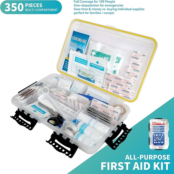 350-Piece All-Purpose 100-Person Emergency First Aid Kit – Waterproof Plastic Case | Clearly Organized for Fast Retrieval | Perfect for Home, Business, Workplace, Boat, Travel, Outdoor & Car