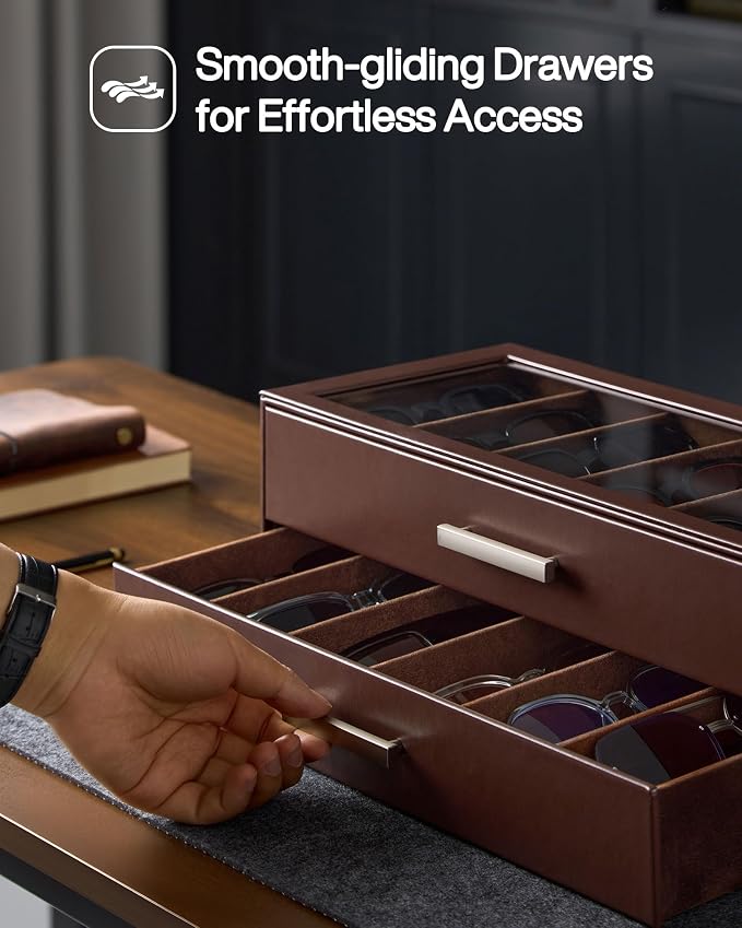ProCase Sunglasses Organizer Box with Clear Glass Lid, PU Leather Eyeglass Storage Display Case for Men and Women