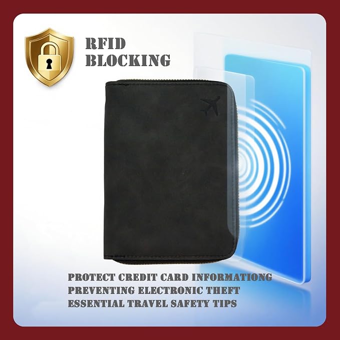 Passport Holder with Tether and Clip to Prevent Loss and Theft, Rfid Passport Holder for Travel, Passport Wallet, Passport Cover for Men and Women (Black - Tether and Clip)