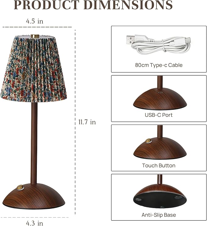 Small Vintage Cordless Table Lamp, Rechargeable Battery Operated Lamp with 3 Color Temperatures Stepless Dimming, Floral Bedside Nightstand Lamp for Bedroom, Living Room, Coffee Table, Bookshelf