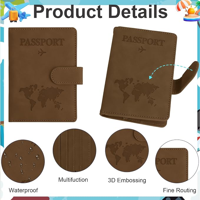 Passport Holder for Travel Essentials, Brown Leather Passport Cover, Passport Wallet Holders for Women Men Family Travel Gifts Must Have Accessories, Credit Card Cash Air Ticket Storage Supplies