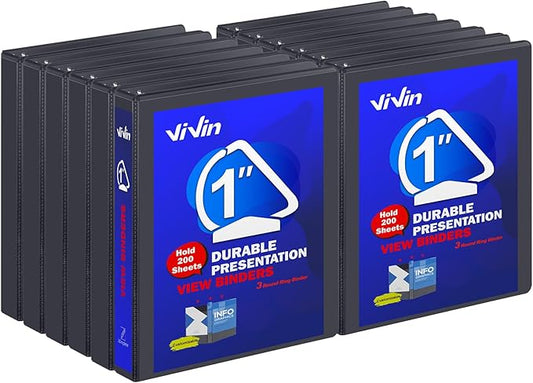 3 Ring Binder 1 Inch, ViVin Sturdy 1"-Slant D Ring Binder with 2 Interior Pockets, Clear View Cover, PVC-Free, Fits 225 Sheets of US Letter Size Paper (12 Pack, Black)