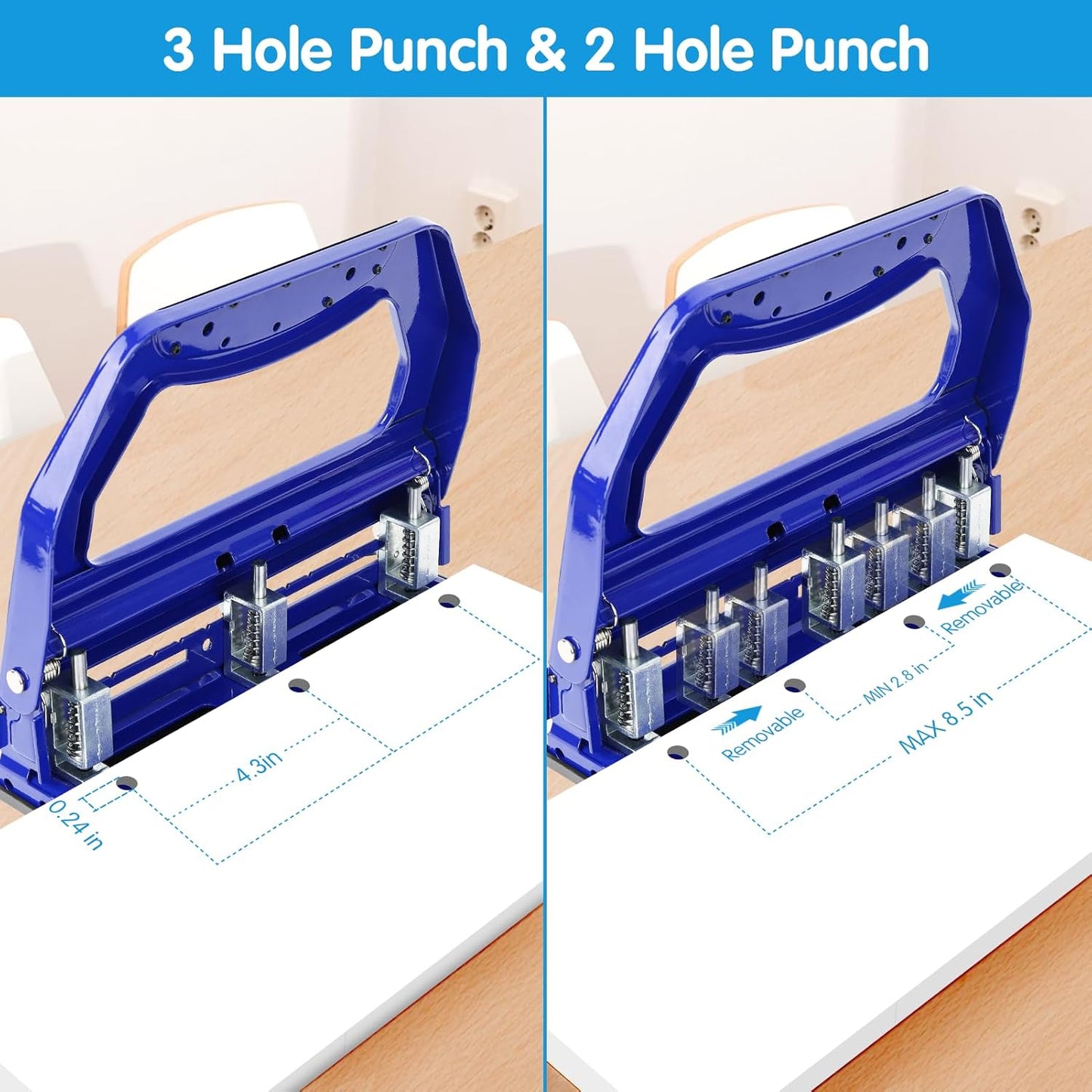 AFMAT 3 Hole Punch, Metal Heavy Duty Paper Punch with 50-Sheet Capacity and Removable Punch Heads for 2 Hole Punch Function, Large Chip Tray, Blue