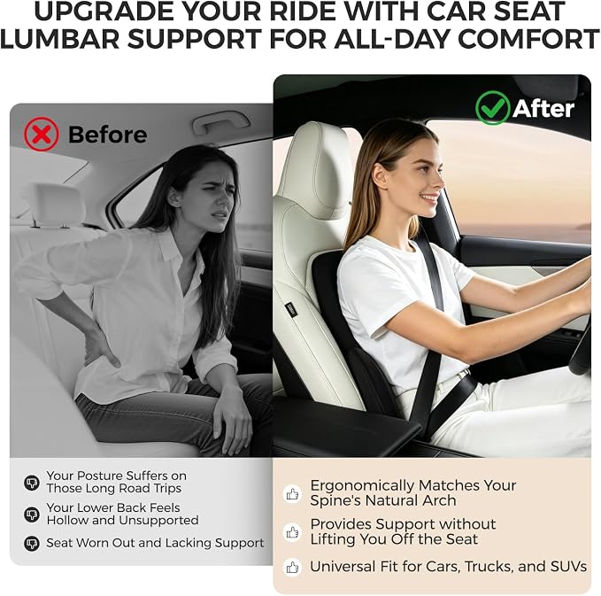 BEBAS Ergonomic Memory Foam Extended Lumbar Support Pillow for Car, Black | Extended Full Back Support, 2-in-1 Detachable Design Lumbar Cushion, Breathable Washable Cover, Fits for Driving, Office