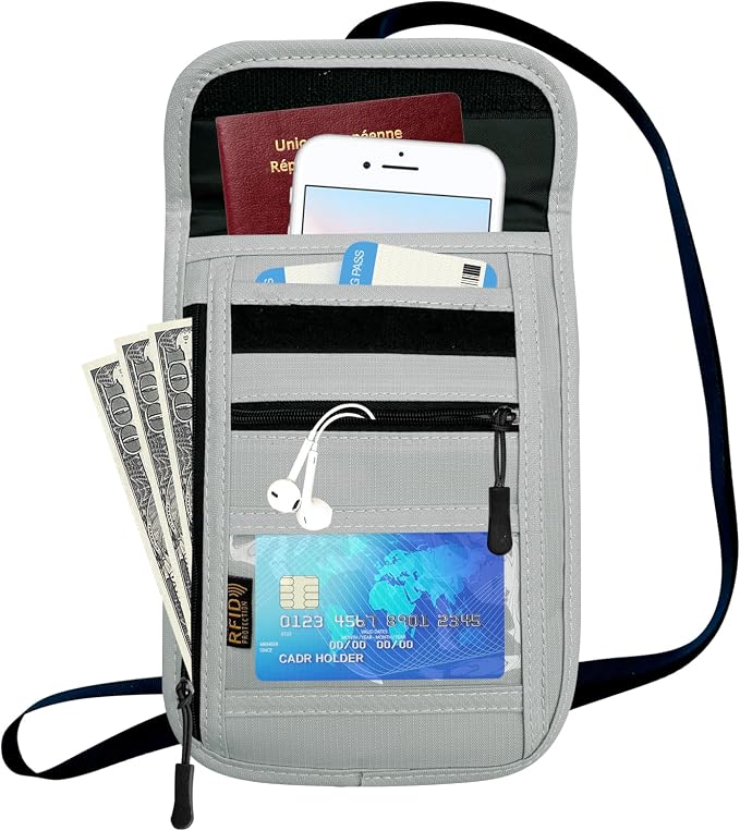RFID Blocking Travel Neck Wallet Pouch and Passport Holder, Travel Neck Pouch Passport Holder for Women & Men - Gray