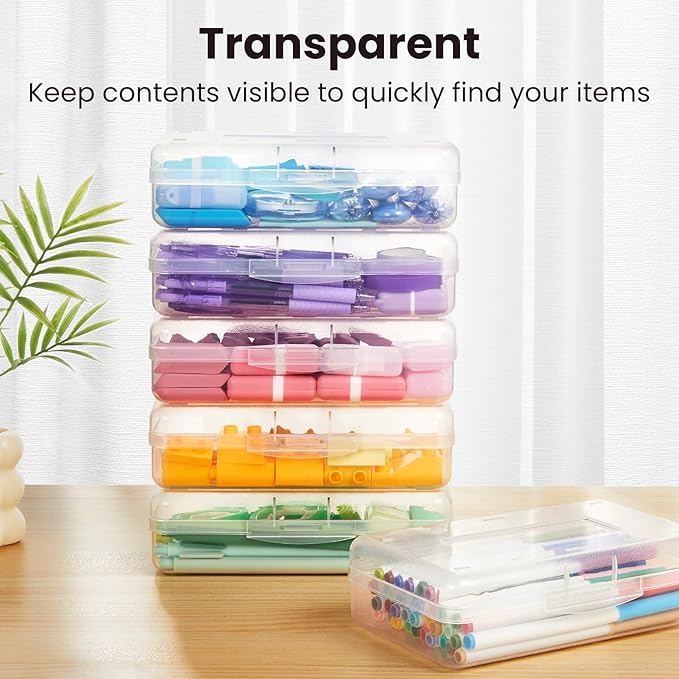 Sooez Plastic Pencil Case Box 6 Pack, Large Craft Storage Boxes Bulk, Plastic Containers with Snap-tight Lids, Hobby Art School Supply 0rganizer, Marker Bead Pen Bins Organizer,Stackable, Multicolor