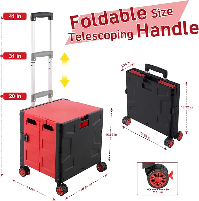 FELICON Folding Utility Cart Rolling Crate Handcart Basket Tote-Red+Black | Collapsible Hidden Lid,Plastic Box,Telescoping Handle,4 Rotate Wheels for Travel Shop Move Grocery Laundry Office Teacher Use