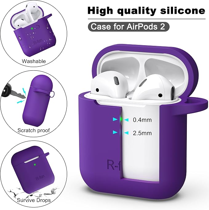 for AirPods 1/2 Case, Soft Silicone Protective Cover with Keychain and Cleaning Pen, Compatible with AirPods 2nd/1st Generation (2016/2019), Full Drop Protection Cover, Purple