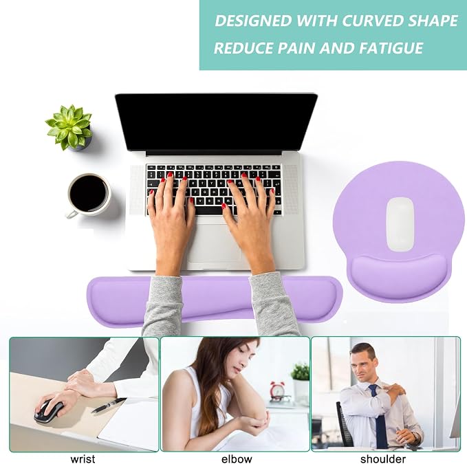 Keyboard Wrist Rest Pad Mouse Pad with Wrist Support Set of 3, Mousepad with Non-Slip Rubber Base, Ergonomic Memory Foam Mouse Wrist Cushion Support for Home Office Laptop Computer Gaming, Purple