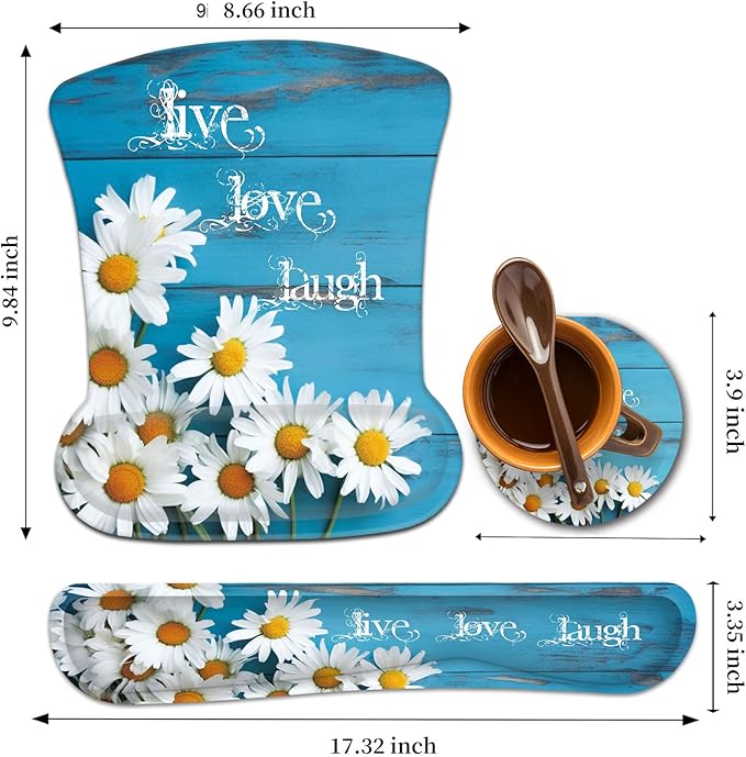 Keyboard Wrist Rest and Mouse Wrist Rest Pad with Coaster,Made of Memory Foam,Ergonomic Support,Easy Typing & Pain Relief,for Home Office Working Studying,Daisy Flowers Quote Live Love Laugh