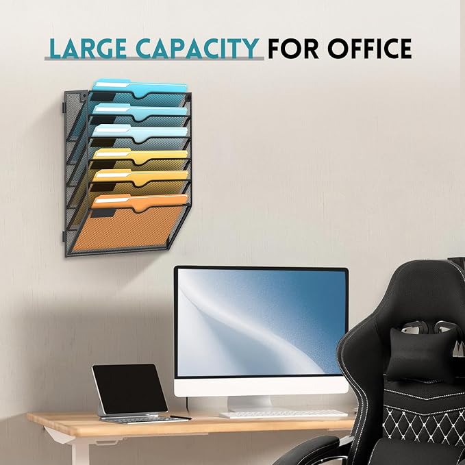 6 Tier Wall File Organizer, Hanging Wall Mounted Mail Organizer with Label Slots, Metal Mesh File Holder Magazine Rack for Office, Home, School or Classroom, Black, 2Pack