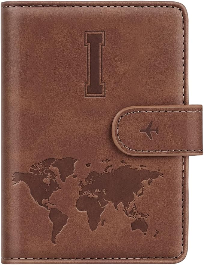 Passport Holder Wallet Cover Personalized Initial Travel Essentials | Embossed Letter A-Z Design, Travel Wallets, RFID Blocking, Passport Book Holders, Women Men, Personalized Gifts, Brown-I