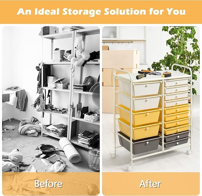 15 Drawer Rolling Storage Cart, Rolling Cart with Drawers for Classroom, Art Supply Craft Organizer on Wheel with Metal Frame & Handles for Home Office School