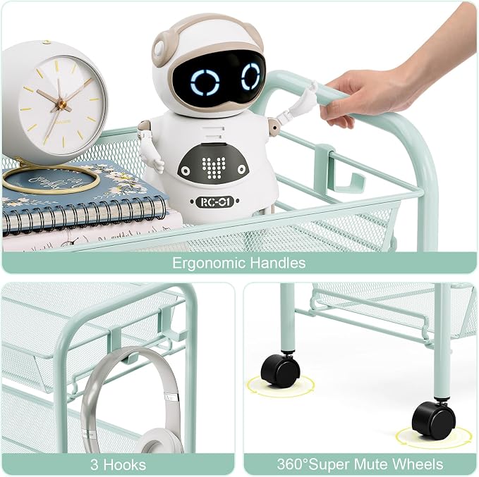 TOOLF 4 Tier Rolling Cart, Metal Utility Storage Cart with Wheels, Green | 3 Hooks, Screwless Assembly, Trolley Organizer for Bathroom, Kitchen, Office, Nursery, Dorm, Laundry Room