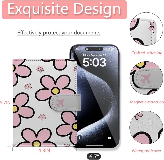 Passport Holder, Cute Travel Wallet Cover with RFID Blocking,Posy | PU leather travel wallet with magnetic closure, card slots, pen loop, and easy access for passports and essentials.
