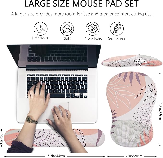 Ergonomic Mouse Pad & Keyboard Wrist Rest Set, Memory Foam | Memory Foam Wrist Cushion, Non-Slip PU Base, Massage Design, Relieves Wrist Pressure for Work, Gaming & Office Use,Leaf