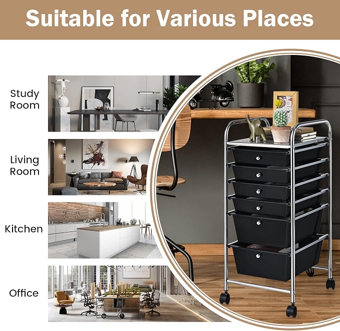 COSTWAY 6-Drawer Rolling Storage Cart, Art Craft Tools Organizer on Wheels | Multifunctional Heavy Duty Utility Mobile Storage Trolley w/ 2 Lockable Wheels for Home Office School (Black)