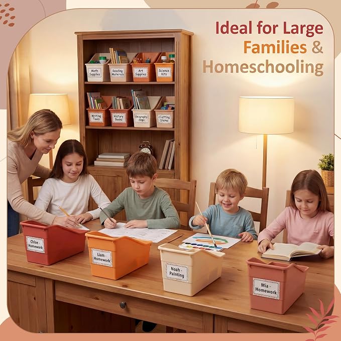 Blosssound 12 Set Book Bins for Classroom Stackable,Earth Tones | Plastic Baskets with Labels, Slanted Front, Library Supplies Organizers, Desktop Storage Bins, Teachers Home School Use