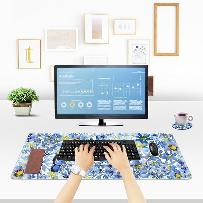 ToLuLu Gaming Mouse Pad, Ergonomic Keyboard Mouse Wrist Rest Support Set | Large Extended Desk Mat with Stitched Edges, Non-Slip Base Memory Foam Mousepad for Home Office Game Study, Butterfly Flower