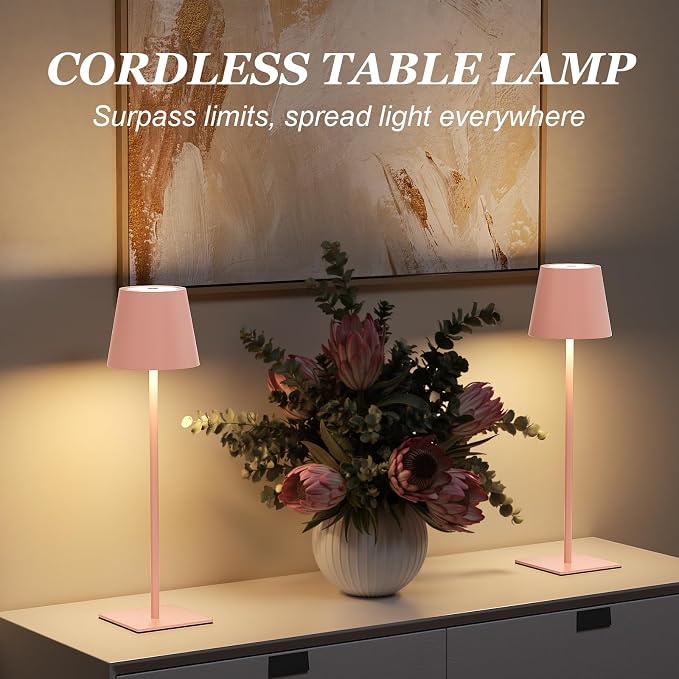 Kakanuo Pink Cordless Rechargeable Table Lamp 5000mAh Battery Operated Lamps, 3 Colors Stepless Dimming Touch Lamp for Living Room, Kitchen Counter, Dining, Outdoor Patio, 2 Pack