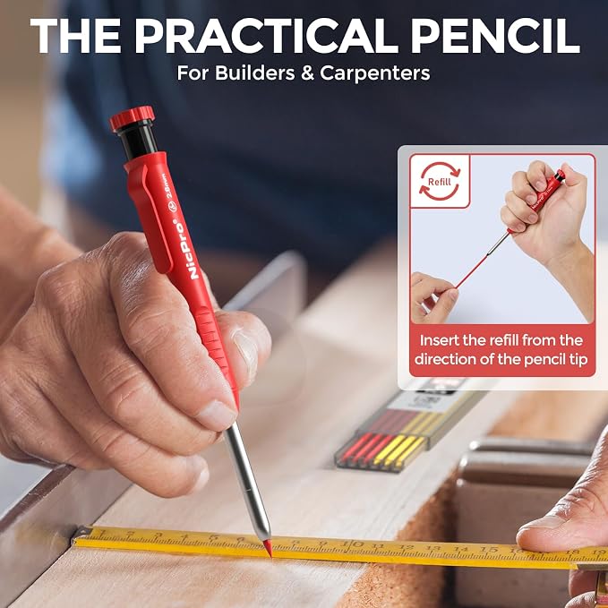 Nicpro CP1000 Carpenter Pencils with Sharpener, 5 Pack | Construction Mechanical Pencil + 53 Refills, 3 Pcs Long Nib Marker Pens for Marking, Heavy Duty Carpenter Tools, Comfort Grip