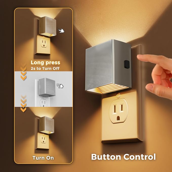 L LOHAS LED Night Light,Night Lights Plug into Wall,[2-Pack] Dimmable Night Light with Light Sensor,3000K Warm White,Silver Nightlight for Bathroom Hallway Kitchen