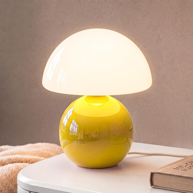 Mushroom Lamp Table Lamp for Bedroom-Small Desk Table Lamps,Yellow | 8.7" Mid Century Modern Table Lamps for Living Room Bedroom Decor,Cute Ceramic Lamps for Mushroom Home Room Decor,Glass Shade