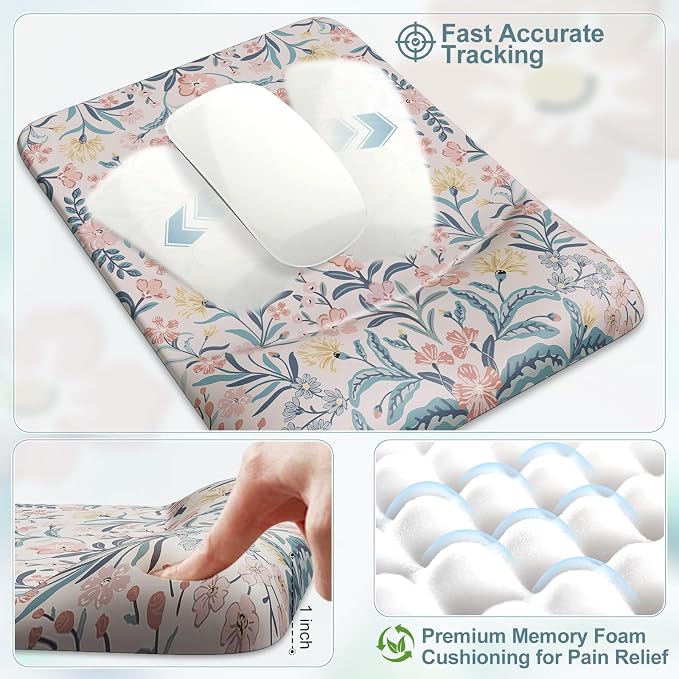iCasso Mouse Pad with Wrist Rest, Ergonomic Large Desk Mat Set, Pink | Keyboard Pad with Wrist Support, Non-Slip Mouse Mat for Women, Cute Floral Computer Mat for Home Office Gaming
