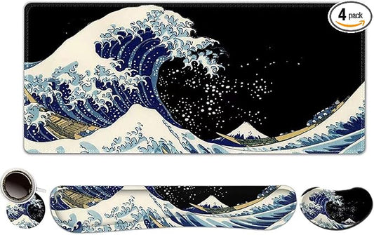ToLuLu Extended Gaming Mouse Pad, Ergonomic Keyboard Mouse Wrist Rest Set | Large Desk Mat with Stitched Edges, Memory Foam Support Non-Slip Base Mousepad for Home Office Game Study, Wave of Kanagawa