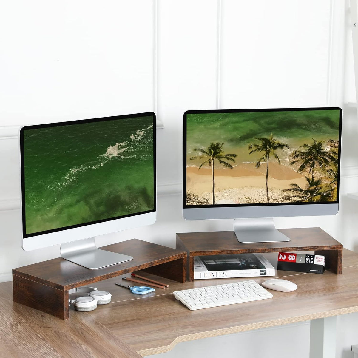 TEAMIX 2 Pack Monitor Stand Riser-20 inch, Wooden Tabletop Shelf for TV/PC/Laptop/Printer, Rustic Brown Monitor Riser with Storage, Computer Stand Ergonomic Design